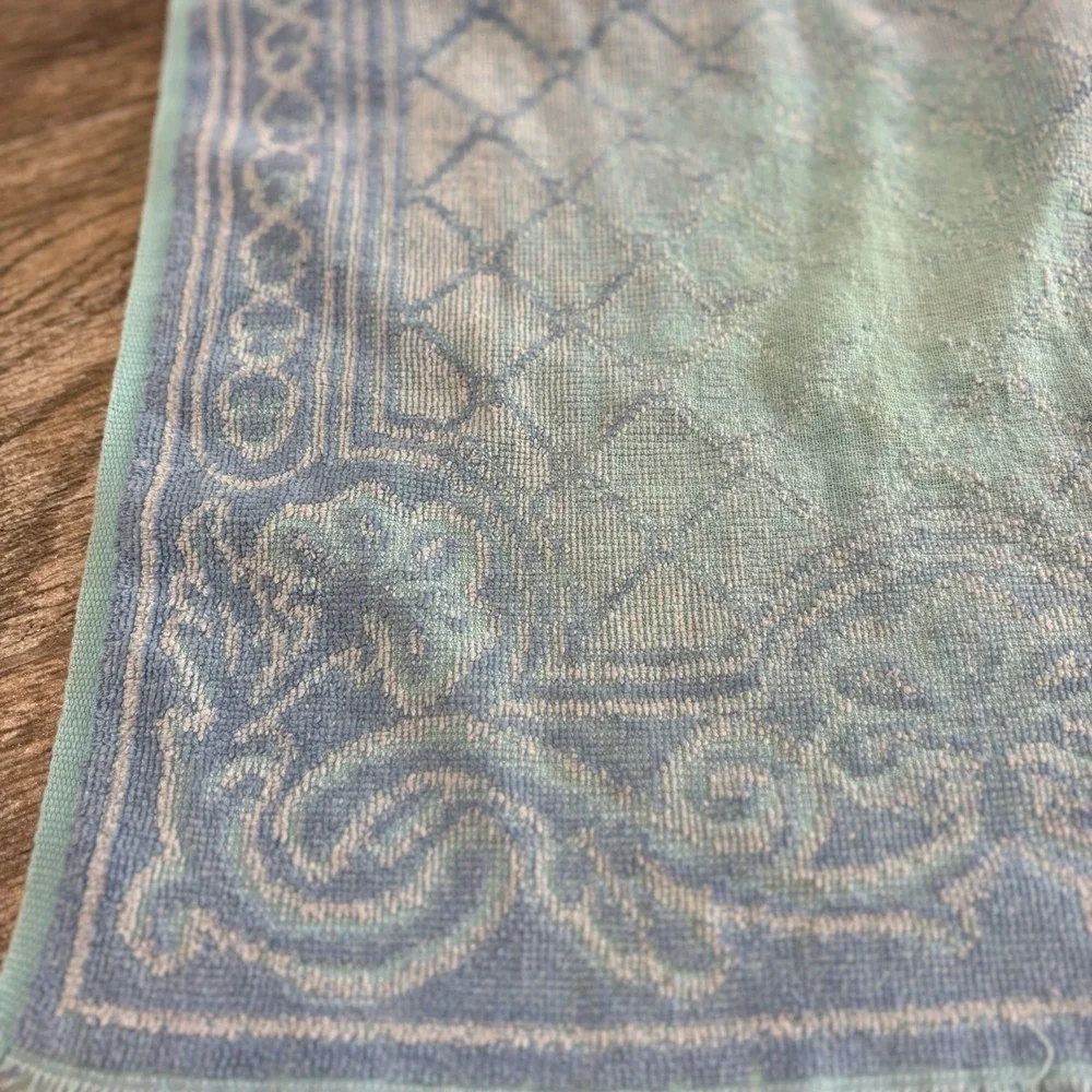 Vintage 1960s 1970s Martex Blue Ornate Hand Towel Fringe Made USA Cotton MCM